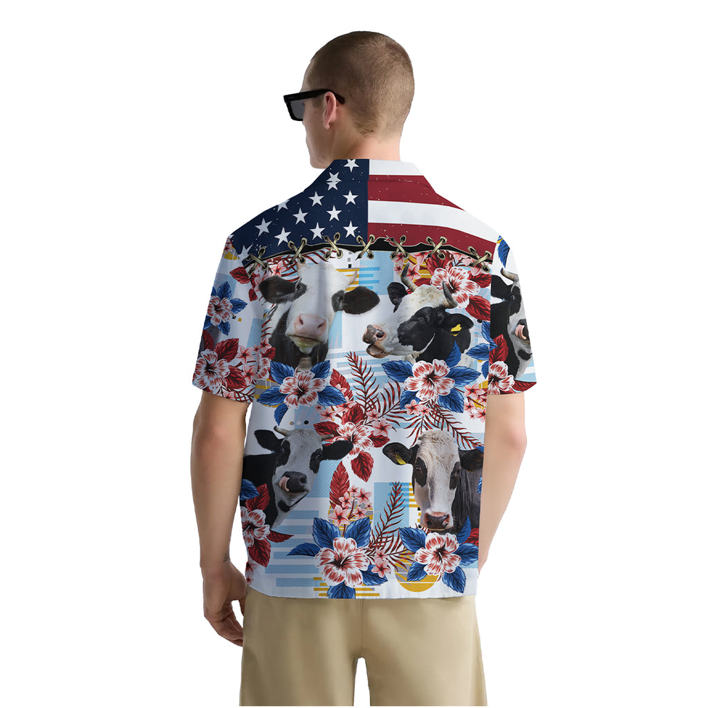 Funny Cow Shirt for Men – Patriotic Hawaiian Button Down Summer Shirt with USA Flag Collar and Farm Animal Print