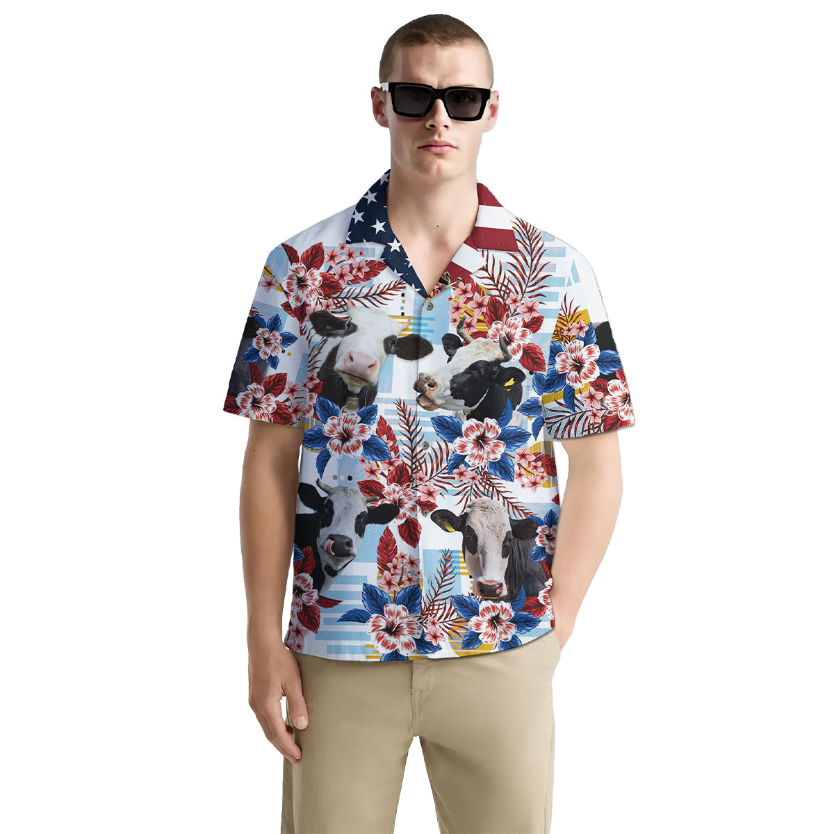 Funny Cow Shirt for Men – Patriotic Hawaiian Button Down Summer Shirt with USA Flag Collar and Farm Animal Print