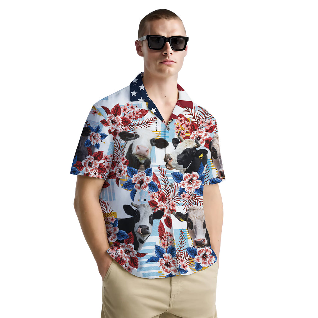 Funny Cow Shirt for Men – Patriotic Hawaiian Button Down Summer Shirt with USA Flag Collar and Farm Animal Print