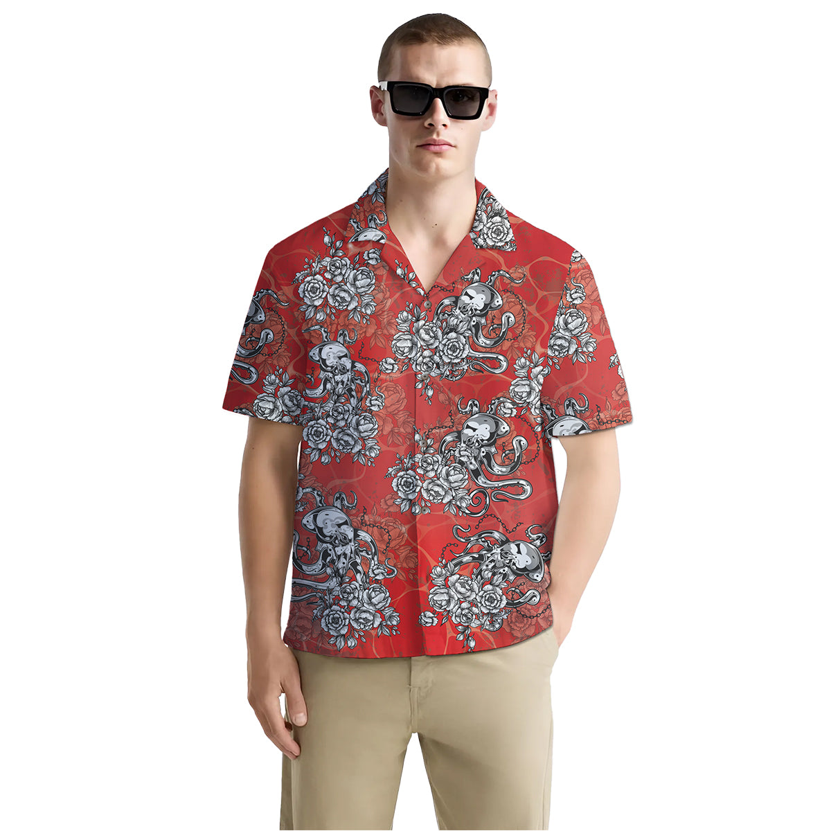 Octopus Shirt for Men – Tattoo Style Red Hawaiian Button Down Shirt with Floral Nautical Print