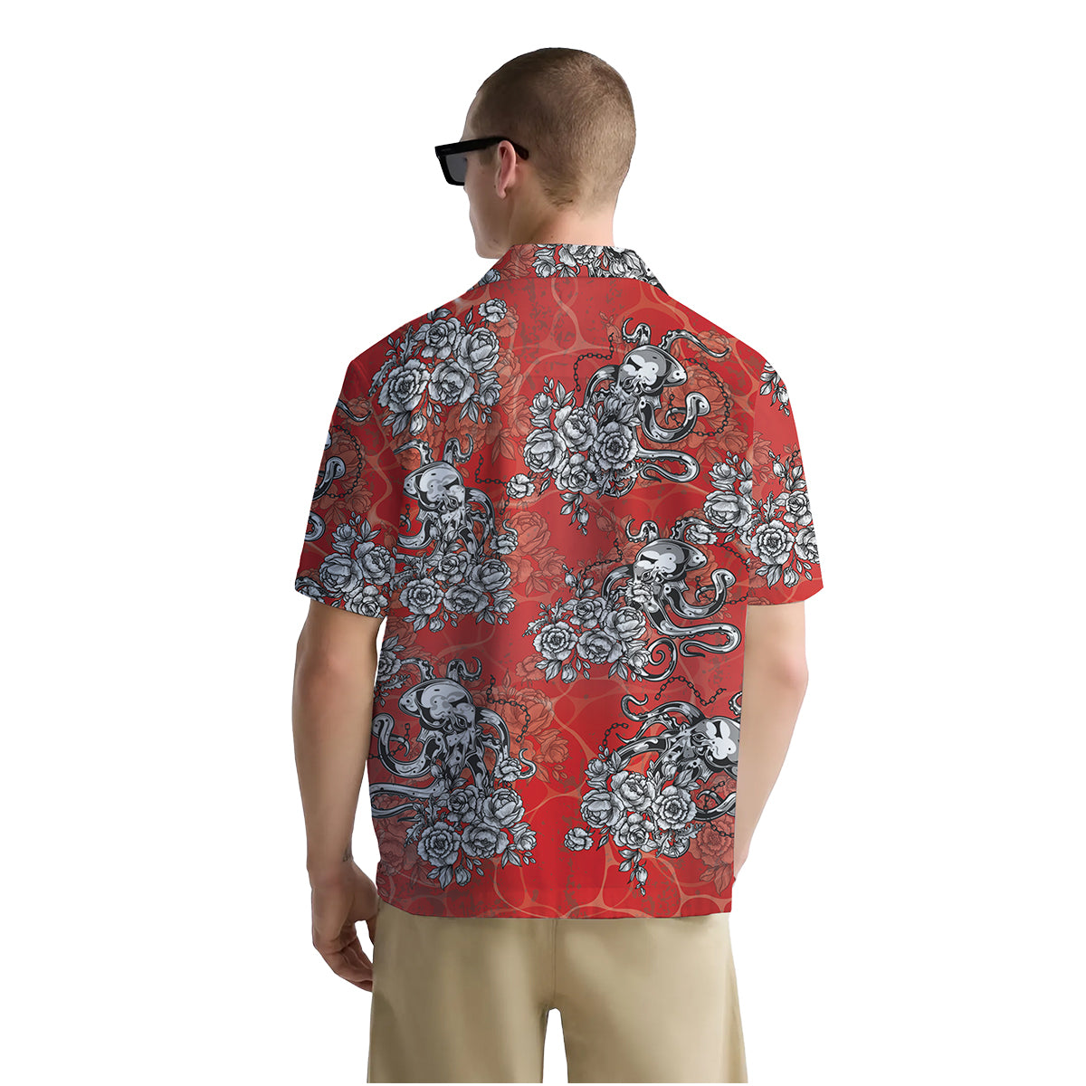 Octopus Shirt for Men – Tattoo Style Red Hawaiian Button Down Shirt with Floral Nautical Print