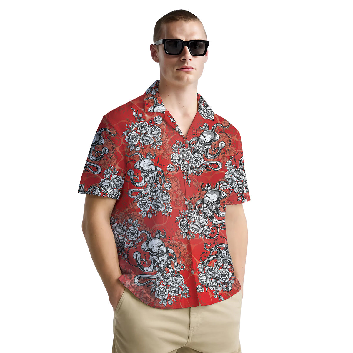Octopus Shirt for Men – Tattoo Style Red Hawaiian Button Down Shirt with Floral Nautical Print