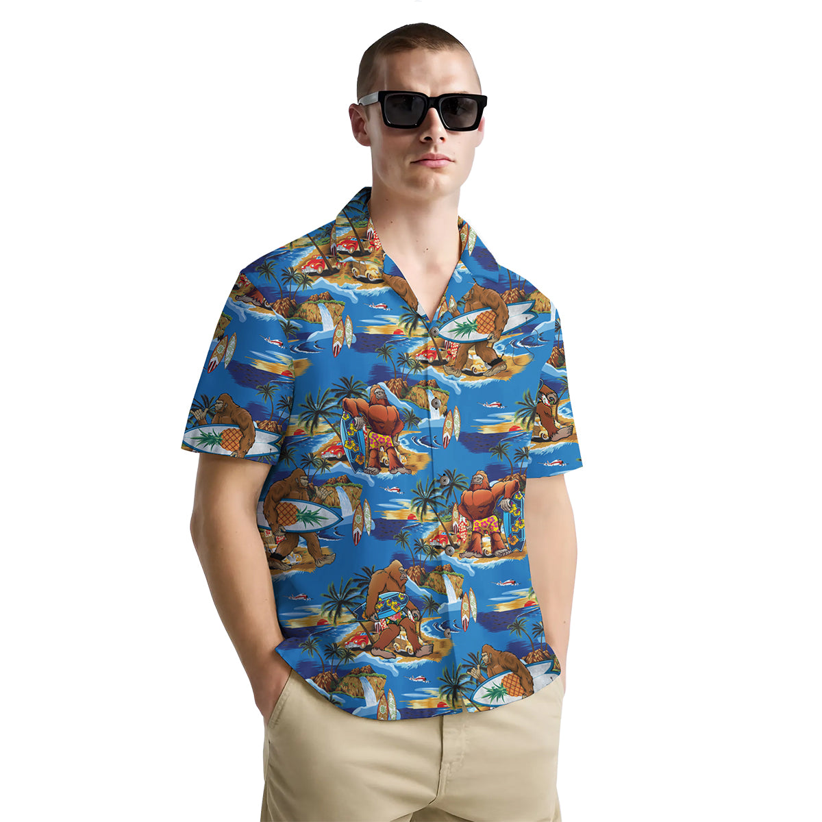 Funny Hawaiian Shirt with Bigfoot Surfing Design, Short Sleeve Button Down Shirt for Men and Women – Perfect for Summer Vacation, Beach Party and Luau Nights