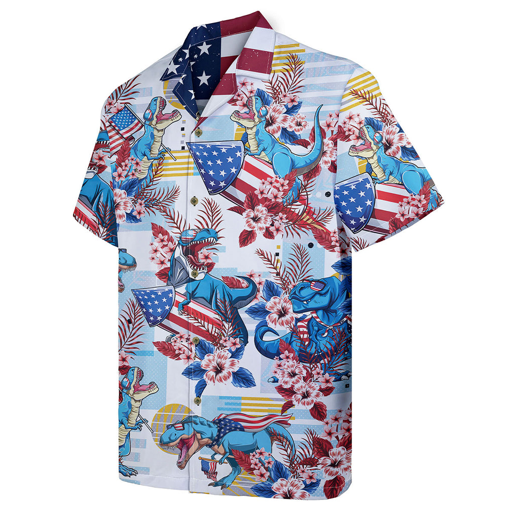 Funny Dinosaur Shirt for Men – T-Rex USA Hawaiian Shirt – Button Down Summer Shirt with American Flag Print