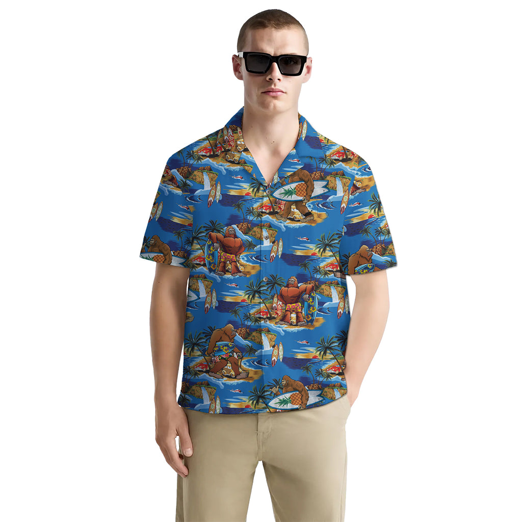 Funny Hawaiian Shirt with Bigfoot Surfing Design, Short Sleeve Button Down Shirt for Men and Women – Perfect for Summer Vacation, Beach Party and Luau Nights