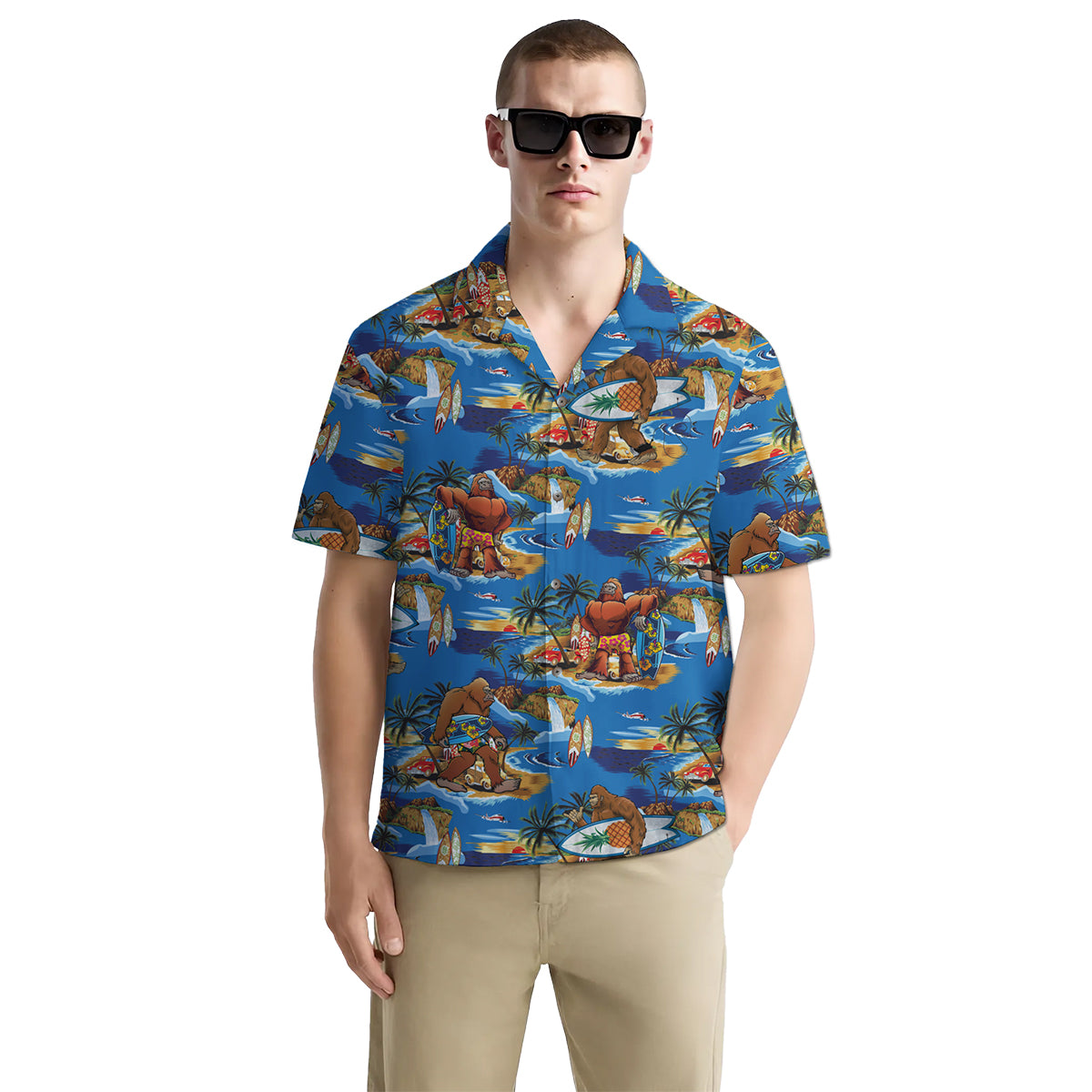 Funny Hawaiian Shirt with Bigfoot Surfing Design, Short Sleeve Button Down Shirt for Men and Women – Perfect for Summer Vacation, Beach Party and Luau Nights