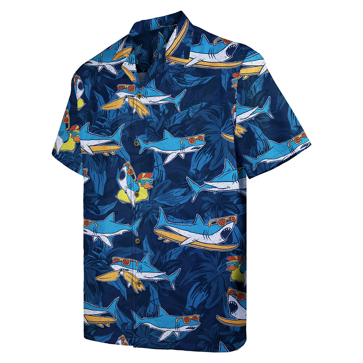 Funny Shark Shirt for Men – Hawaiian Button Down Summer Shirt with Surfing Duck and Sunglass Shark Print