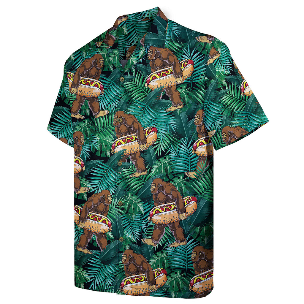Funny Bigfoot Shirt for Men – Hawaiian Button Down Summer Shirt with Hotdog Float and Jungle Print