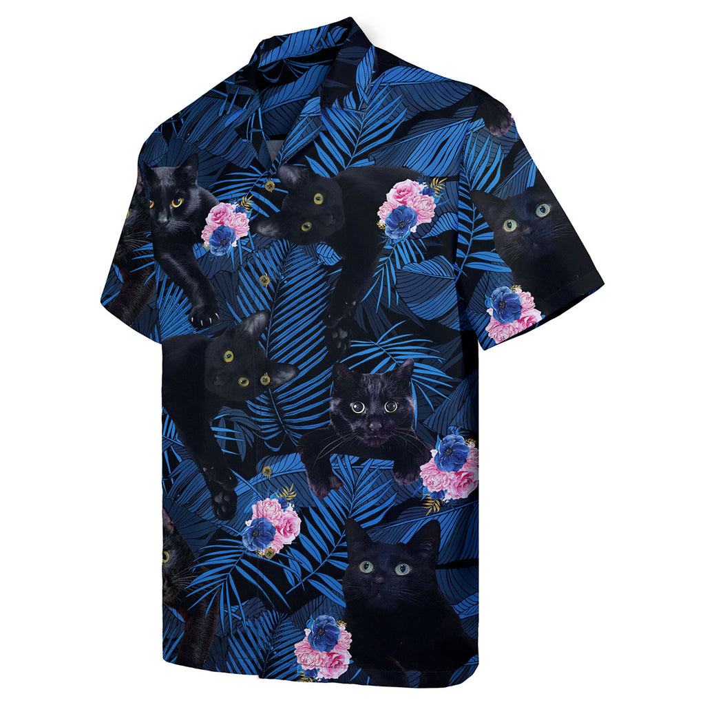Black Cat Shirt for Men – Funny Tropical Hawaiian Button Down Shirt with Floral Night Print